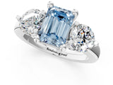 Platinum Three-Stone Fancy Blue Emerald  Brilliant Cut Solitaire Ring with Prong Setting on a Classic Band 4