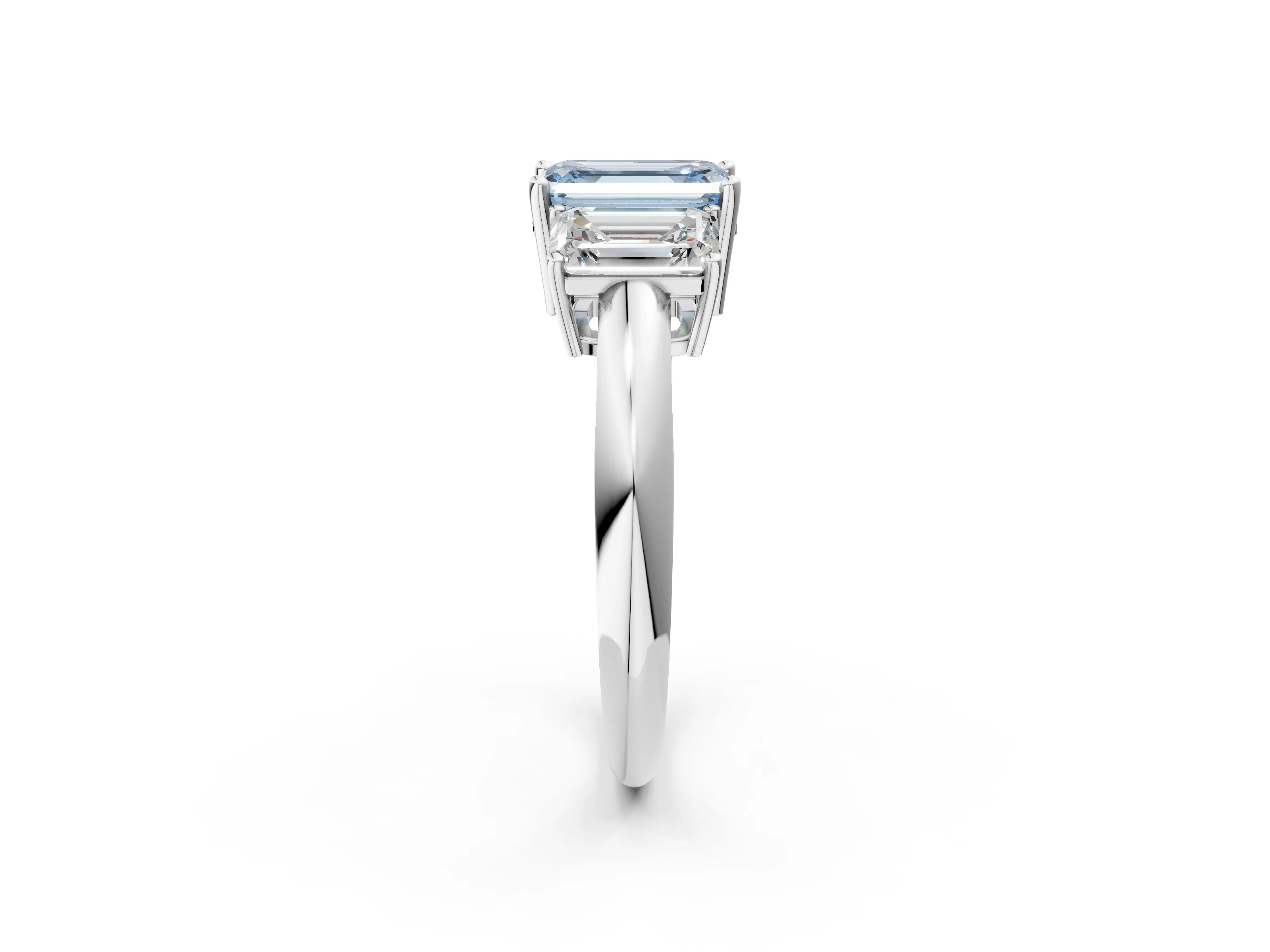 Platinum Three-Stone Fancy Blue Emerald Cut Cut Diamond Engagement Ring with Prong Setting on a White Gold Band_44