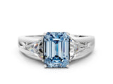 Platinum Three-Stone Fancy Blue Emerald Cut Cut Diamond Ring with Trillion Side Stones on a Split Shank Band_72