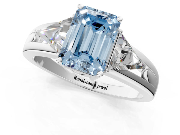 Platinum Emerald Cut Split Shank Three Stone Engagement Ring Setting for Fancy Blue Center