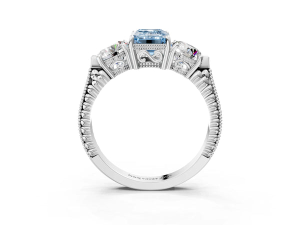 Platinum Emerald Cut Vintage Three Stone Engagement Ring Setting for Fancy Blue Center