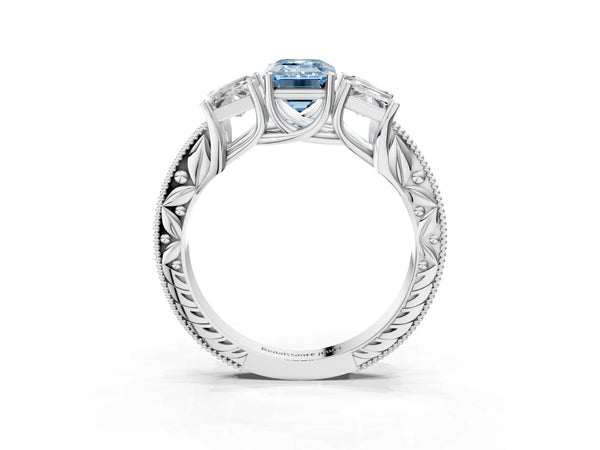Platinum Emerald Cut Engraved Three Stone Engagement Ring Setting for Fancy Blue Center