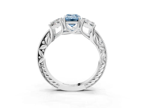 Platinum Three-Stone Fancy Blue Emerald Cut Cut Milgrain Pavé Engagement Ring_69