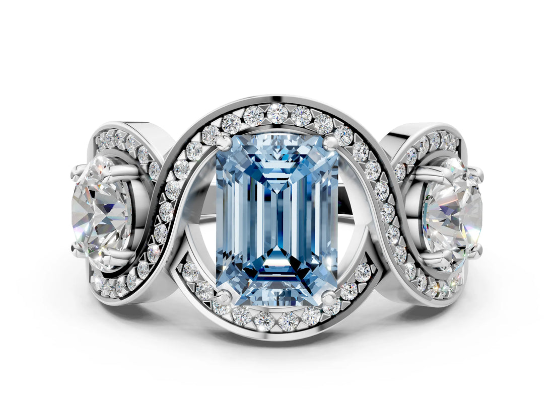 Platinum Three-Stone Fancy Blue Emerald Cut Diamond Wave Pave Band with Prong Setting_6