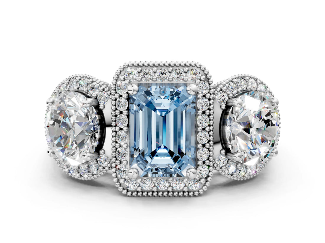 Platinum Three-Stone Fancy Blue Emerald Cut Halo Diamond Milgrain Band with Four-Prong Setting_6