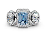 Platinum Three-Stone Fancy Blue Emerald Cut Halo Diamond Milgrain Band with Four-Prong Setting_6