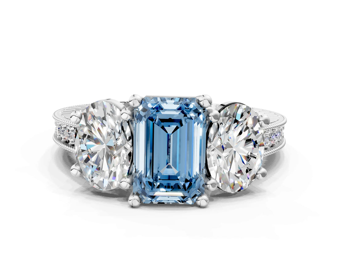 Platinum Three-Stone Fancy Blue Emerald  Diamond Milgrain Pave Band with Prong Setting 2