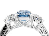 Platinum Three-Stone Fancy Blue Emerald  Diamond Milgrain Pave Band with Prong Setting