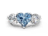 Platinum Three-Stone Fancy Blue Heart  Brilliant Cut Solitaire Ring with Prong Setting on a Classic Band