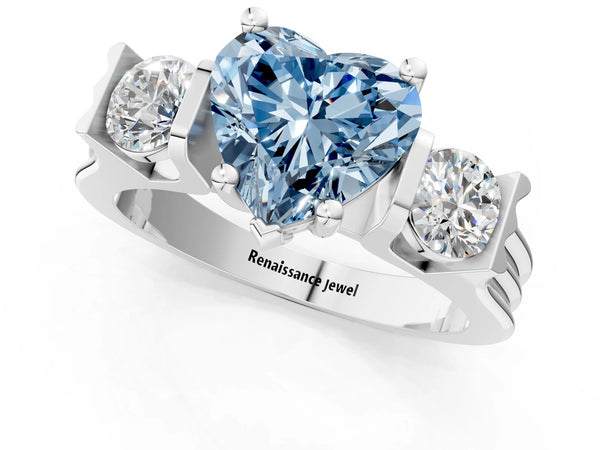 Platinum Three-Stone Fancy Blue Heart Cut Classic Band Prong Setting Ring