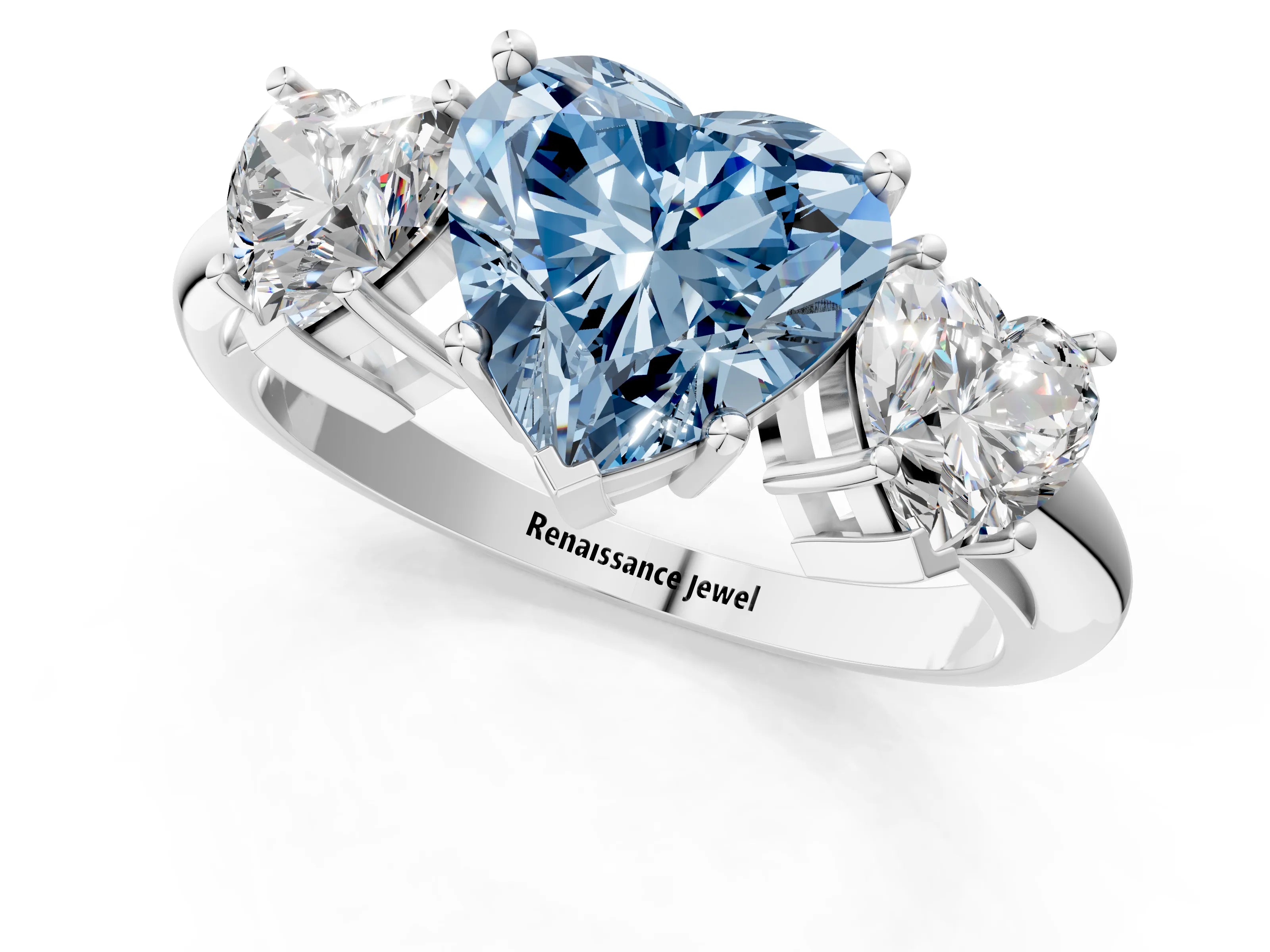 Platinum Three-Stone Fancy Blue Heart Cut Cut Diamond Engagement Ring with Prong Setting on a White Gold Band_43