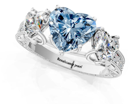 Platinum Three-Stone Fancy Blue Heart Cut Cut Milgrain Pavé Engagement Ring_19