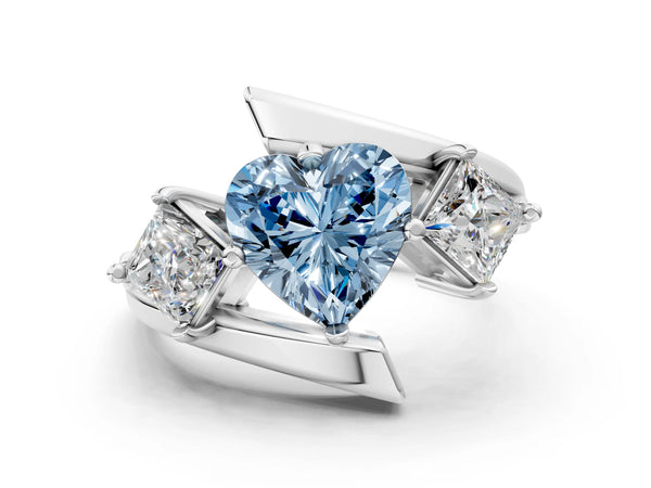 Platinum Three-Stone Fancy Blue Heart Cut Cut Tension Band Ring with Four-Prong Setting