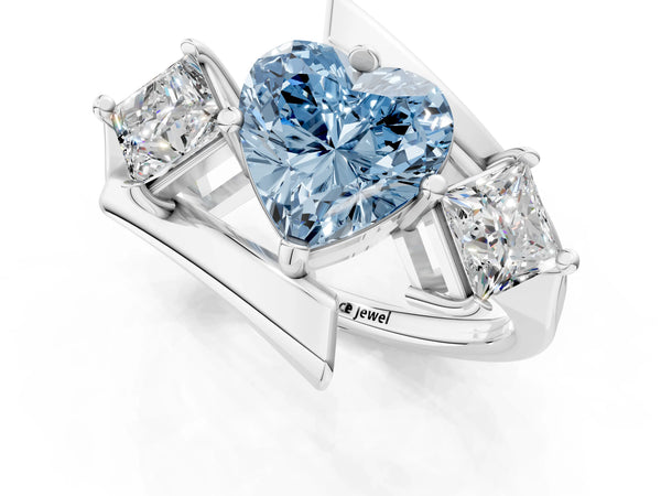 Platinum Three-Stone Fancy Blue Heart Cut Cut Tension Band Ring with Four-Prong Setting