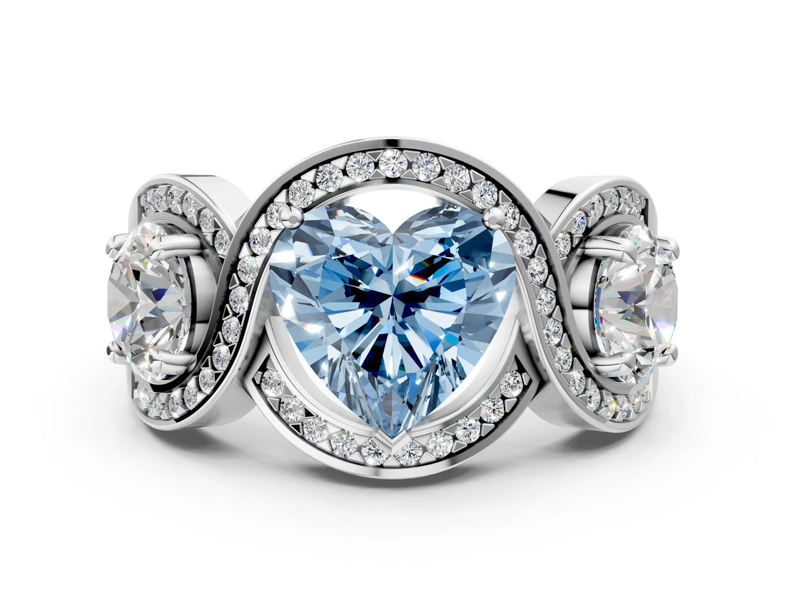 Platinum Three-Stone Fancy Blue Heart Cut Diamond Wave Pave Band with Prong Setting_36