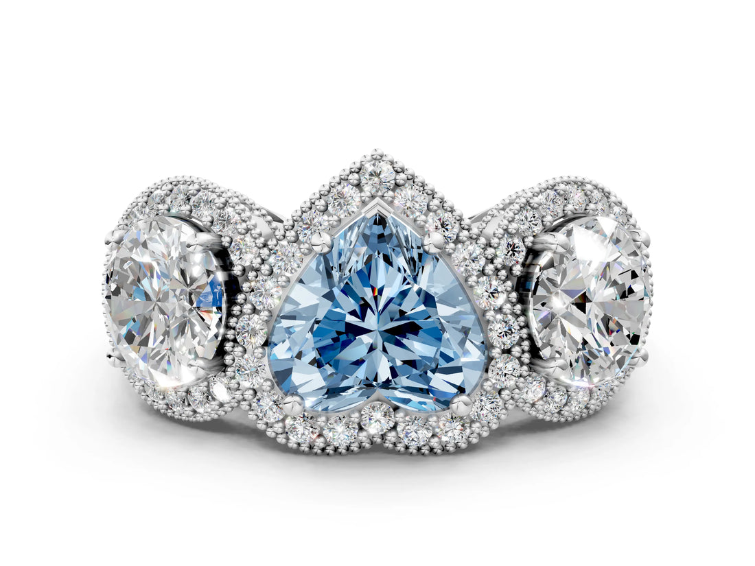 Platinum Three-Stone Fancy Blue Heart Cut Halo Diamond Milgrain Band with Four-Prong Setting_12