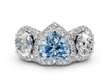 Platinum Three-Stone Fancy Blue Heart Cut Halo Diamond Milgrain Band with Four-Prong Setting_12