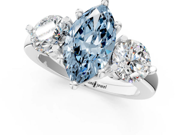 Platinum Three-Stone Fancy Blue Marquise  Brilliant Cut Solitaire Ring with Prong Setting on a Classic Band