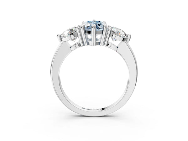 Platinum Three-Stone Fancy Blue Marquise  Brilliant Cut Solitaire Ring with Prong Setting on a Classic Band