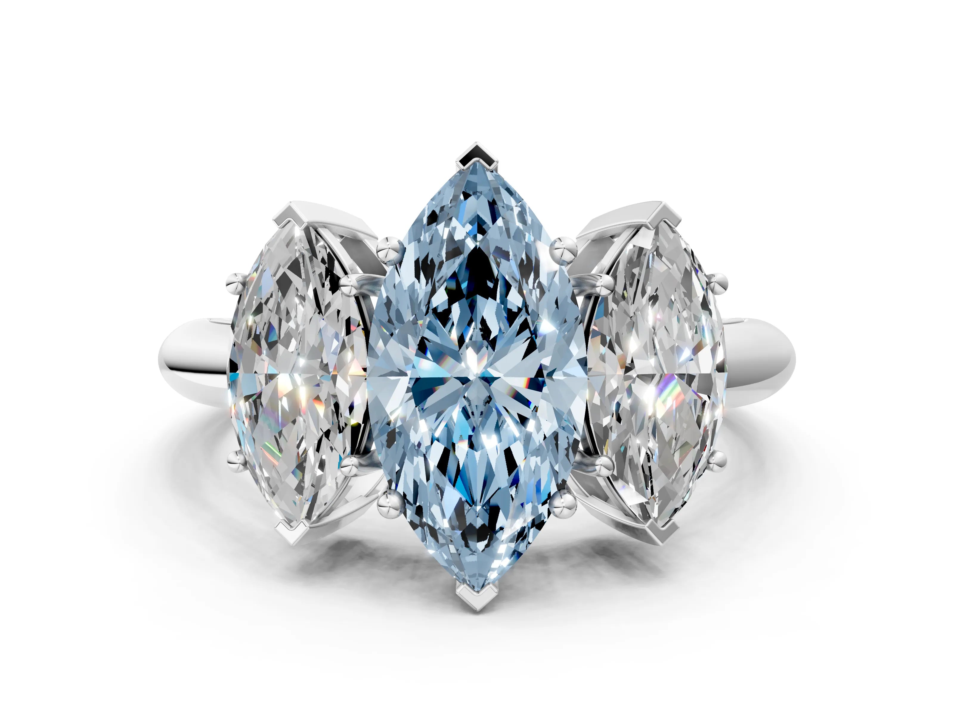 Platinum Three-Stone Fancy Blue Marquise Cut Cut Diamond Engagement Ring with Prong Setting on a White Gold Band_72