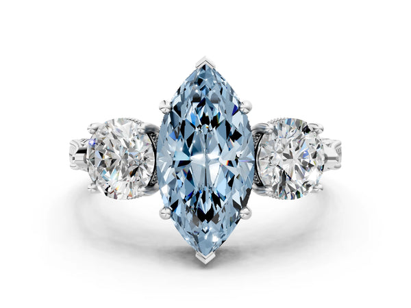 Platinum Marquise Vintage Three Stone Engagement Ring Setting for Fancy Blue Center