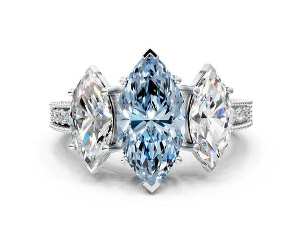 Platinum Marquise Engraved Three Stone Engagement Ring Setting for Fancy Blue Center