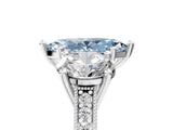 Platinum Three-Stone Fancy Blue Marquise  Diamond Milgrain Pave Band with Prong Setting