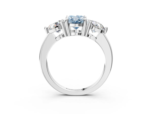 Platinum Three-Stone Fancy Blue Oval  Brilliant Cut Solitaire Ring with Prong Setting on a Classic Band