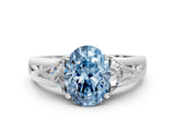 Platinum Three-Stone Fancy Blue Oval Cut Cut Diamond Ring with Trillion Side Stones on a Split Shank Band_36