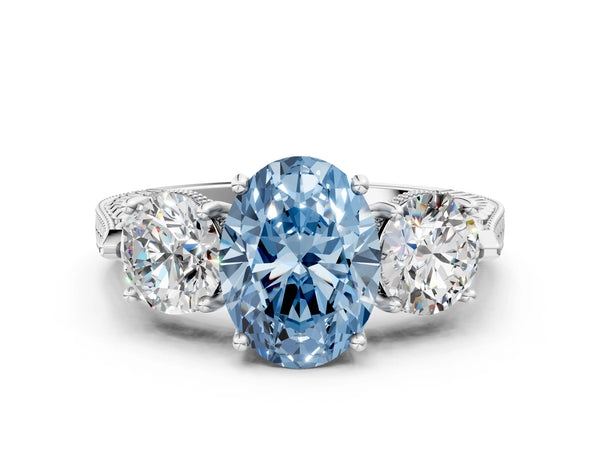 Platinum Oval Vintage Three Stone Engagement Ring Setting for Fancy Blue Center