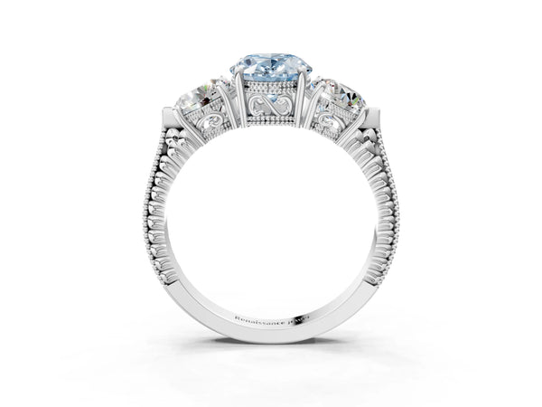Platinum Oval Vintage Three Stone Engagement Ring Setting for Fancy Blue Center