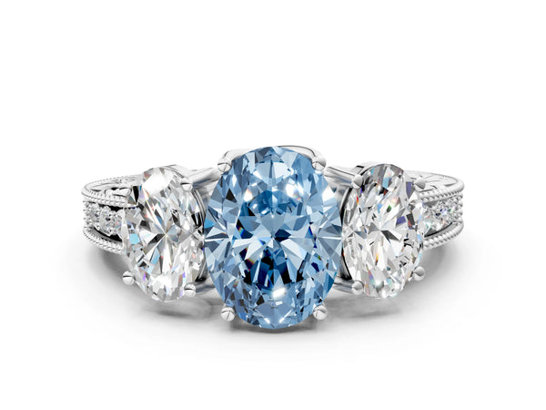 Platinum Oval Engraved Three Stone Engagement Ring Setting for Fancy Blue Center