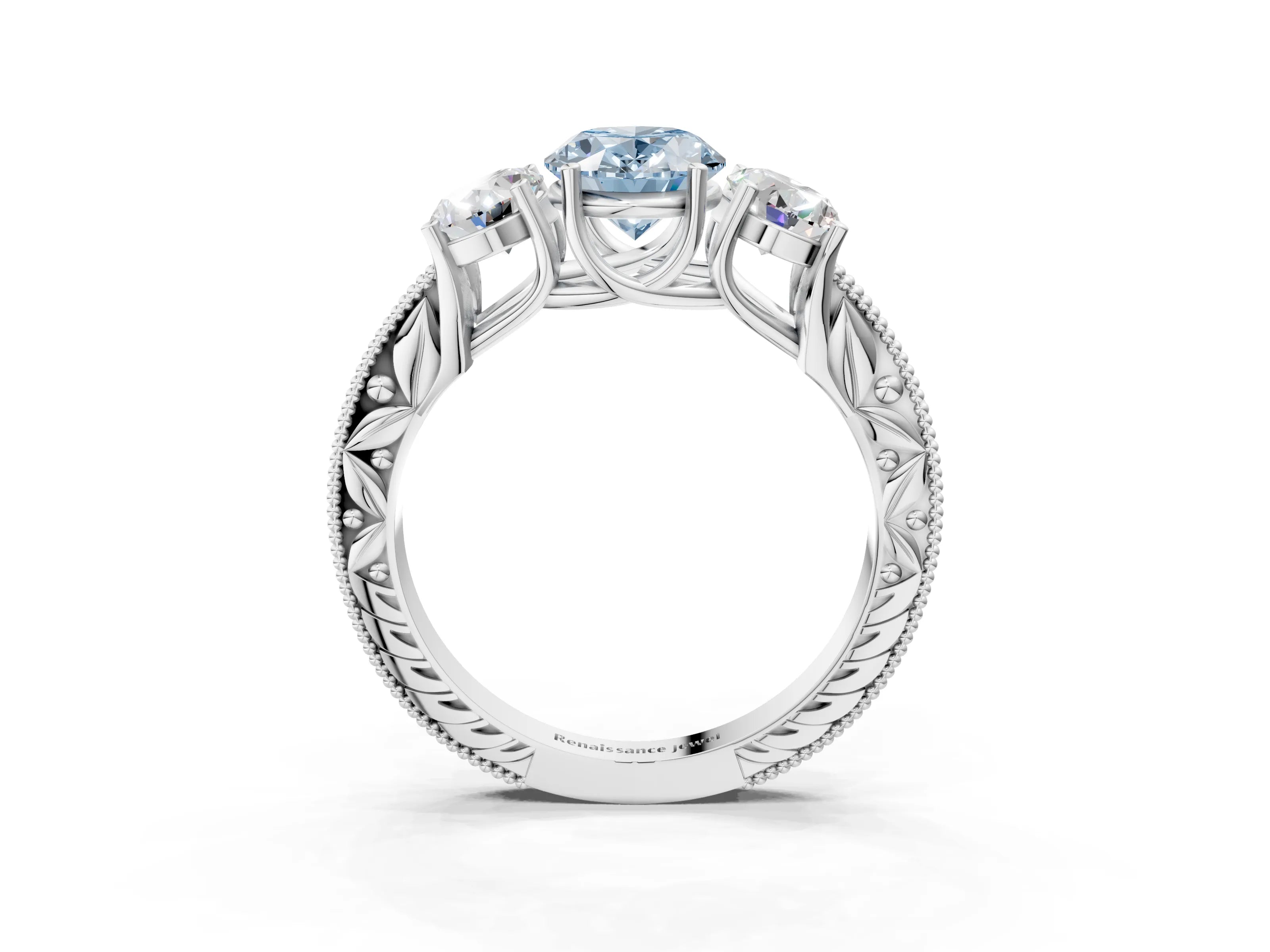 Platinum Three-Stone Fancy Blue Oval Cut Cut Milgrain Pavé Engagement Ring_21