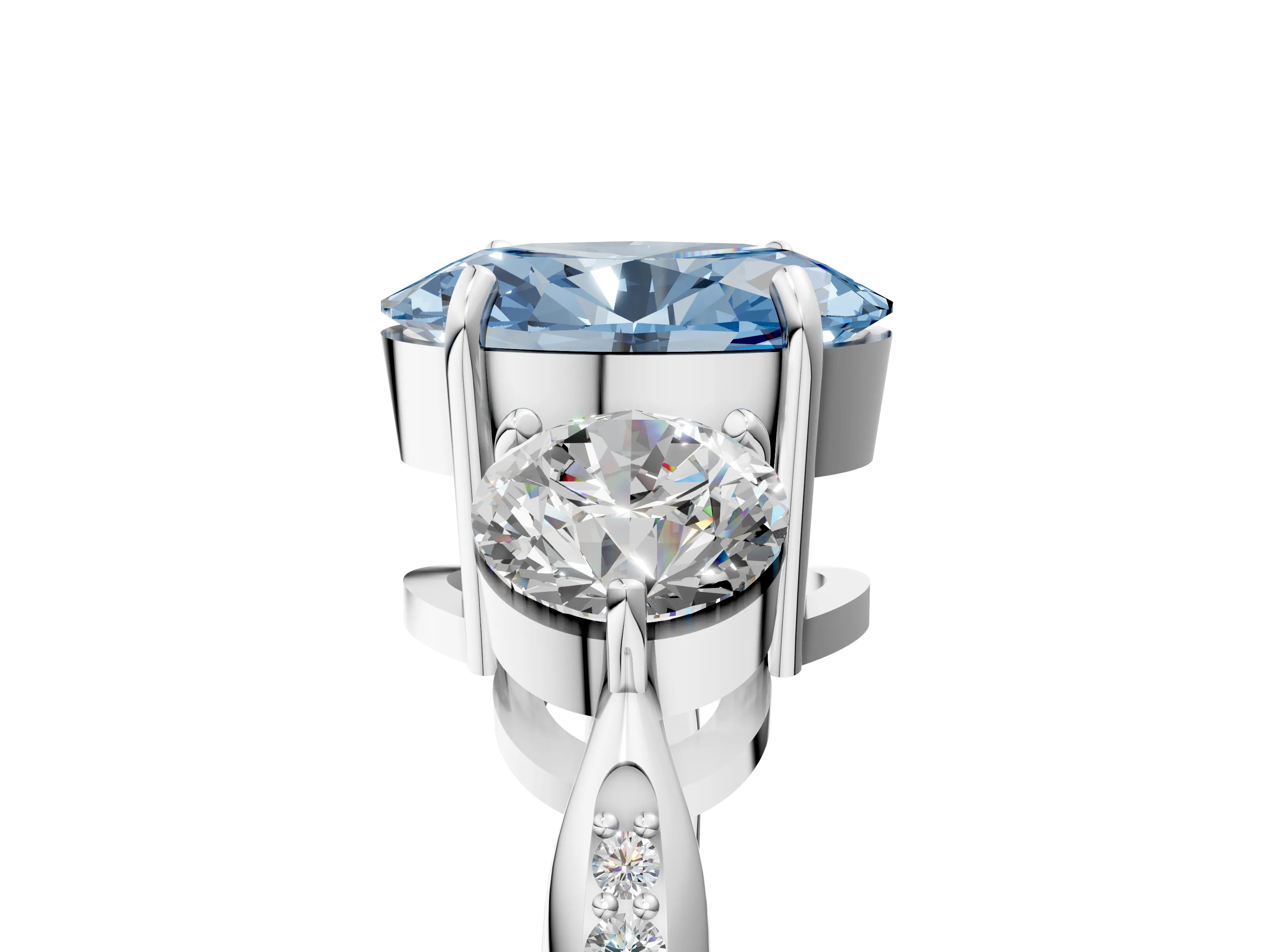 Platinum Three-Stone Fancy Blue Oval Cut Diamond Channel Set Engagement Ring with Prong Setting_23