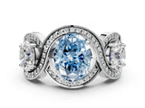 Platinum Three-Stone Fancy Blue Oval Cut Diamond Wave Pave Band with Prong Setting_6