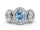 Platinum Three-Stone Fancy Blue Oval Cut Halo Diamond Milgrain Band with Four-Prong Setting_6