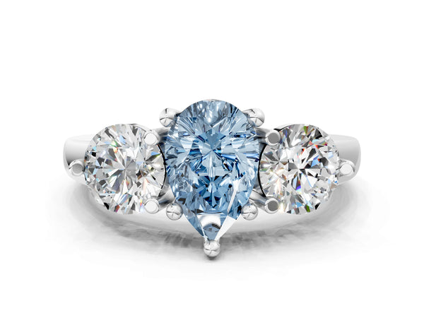 Platinum Three-Stone Fancy Blue Pear  Brilliant Cut Solitaire Ring with Prong Setting on a Classic Band