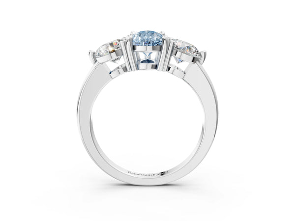 Platinum Three-Stone Fancy Blue Pear  Brilliant Cut Solitaire Ring with Prong Setting on a Classic Band