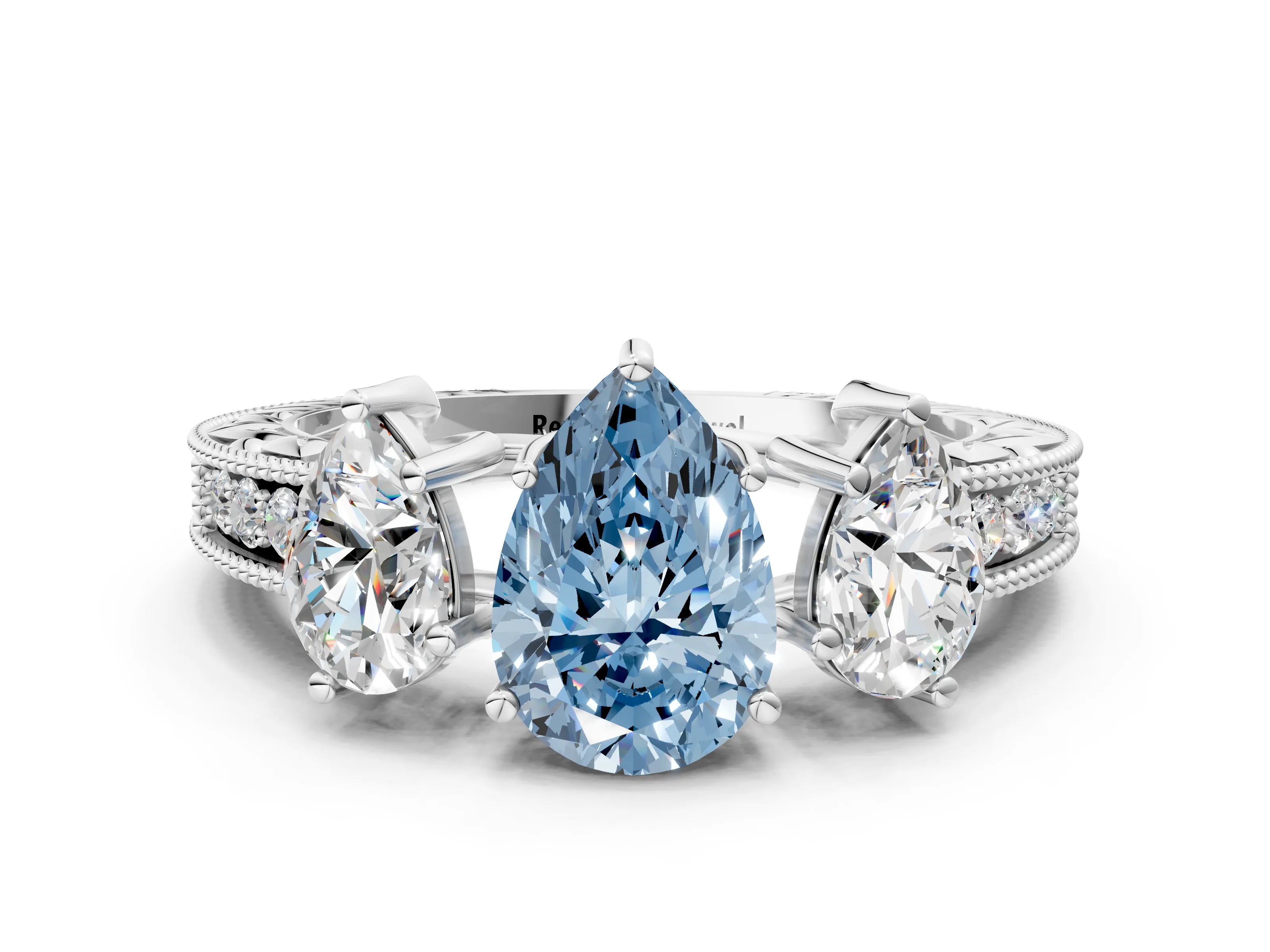 Platinum Three-Stone Fancy Blue Pear Cut Cut Milgrain Pavé Engagement Ring_18