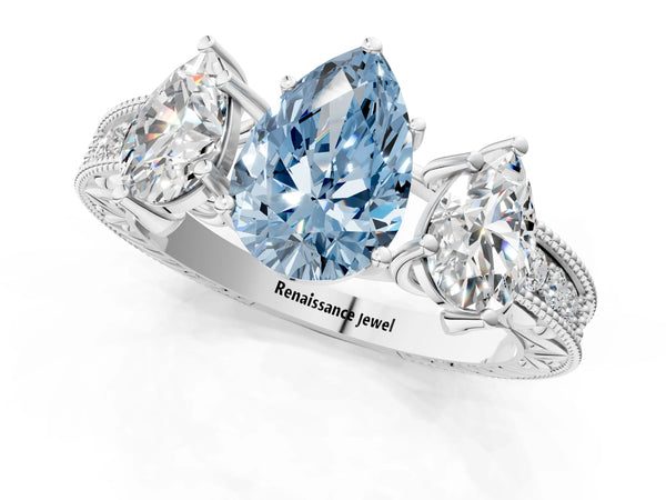 Platinum Pear-Shaped Engraved Three Stone Engagement Ring Setting for Fancy Blue Center