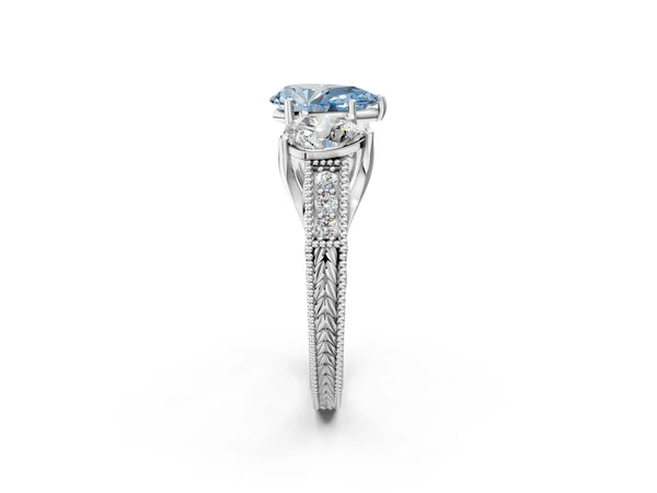 Platinum Pear-Shaped Engraved Three Stone Engagement Ring Setting for Fancy Blue Center
