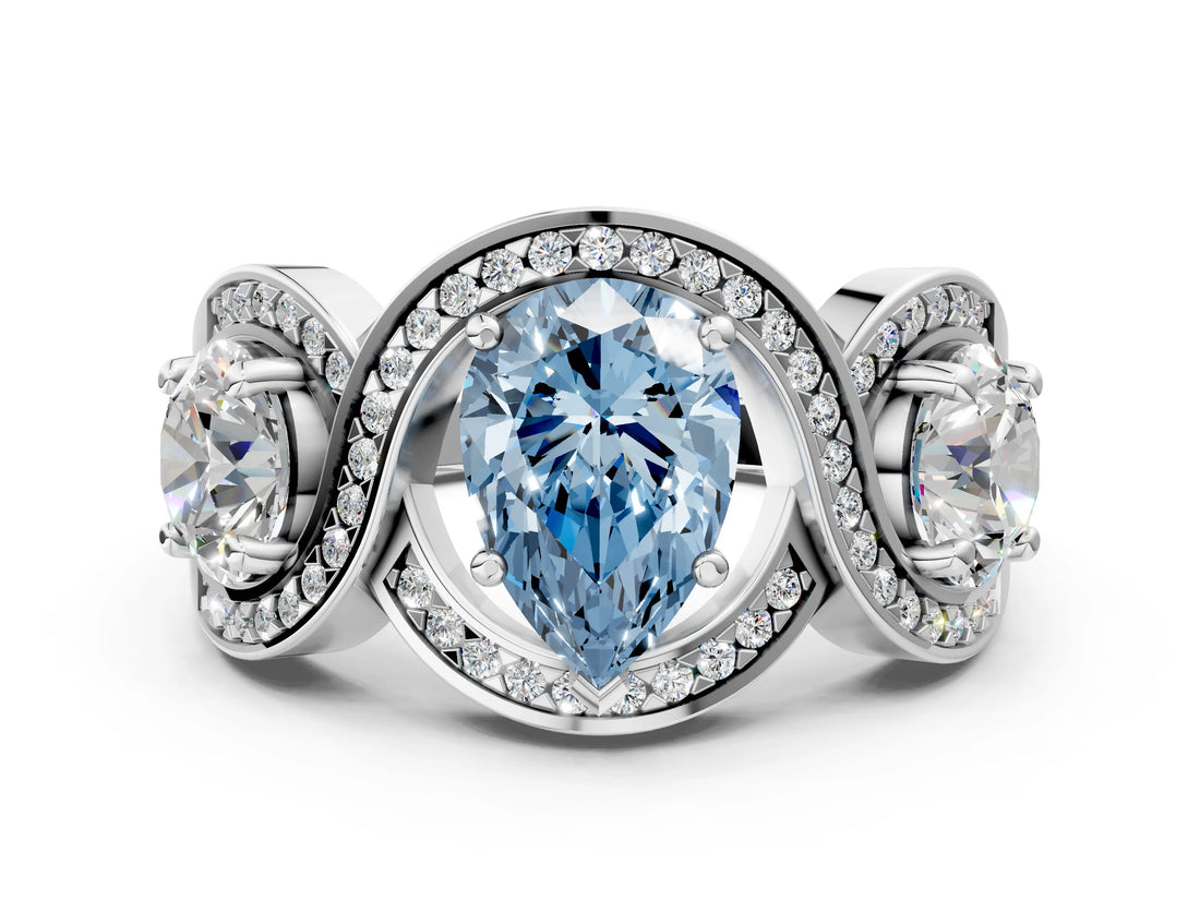 Platinum Three-Stone Fancy Blue Pear Cut Diamond Wave Pave Band with Prong Setting_30