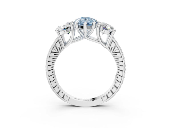 Platinum Pear-Shaped Three-Stone Engagement Ring Setting for Fancy Blue Center with Pave Band