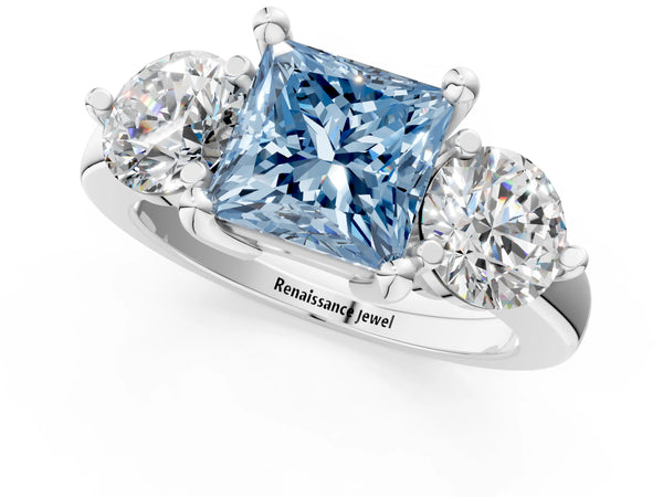 Platinum Three-Stone Fancy Blue Princess  Brilliant Cut Solitaire Ring with Prong Setting on a Classic Band