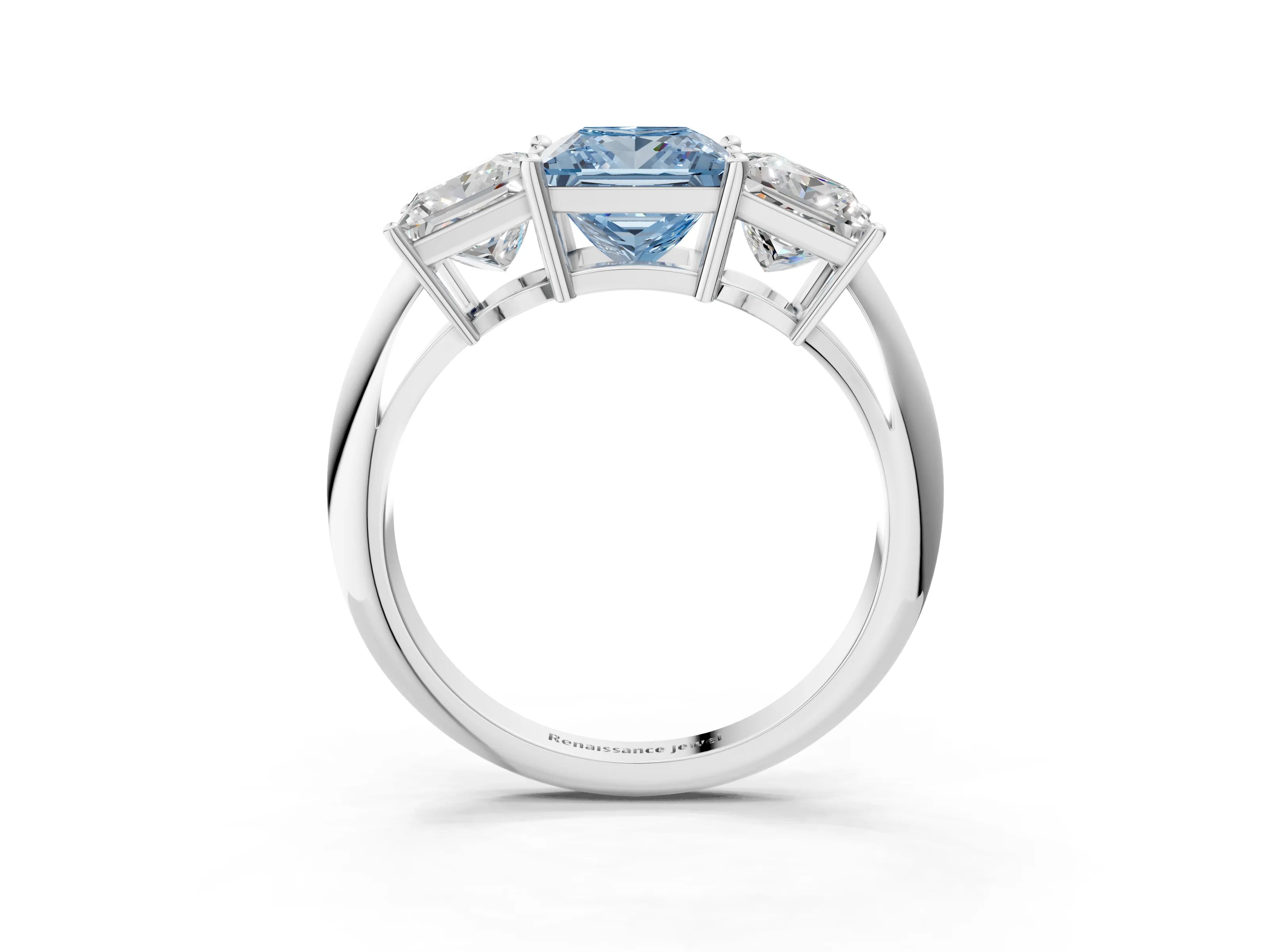 Platinum Three-Stone Fancy Blue Princess Cut Cut Diamond Engagement Ring with Prong Setting on a White Gold Band_69