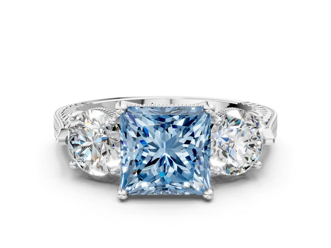 Platinum Three-Stone Fancy Blue Princess Cut Cut Milgrain Band Prong Setting Ring_6