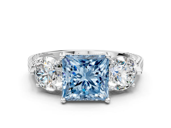 Platinum Three-Stone Fancy Blue Princess Cut Cut Milgrain Band Prong Setting Ring