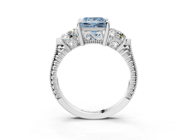 Platinum Three-Stone Fancy Blue Princess Cut Cut Milgrain Band Prong Setting Ring