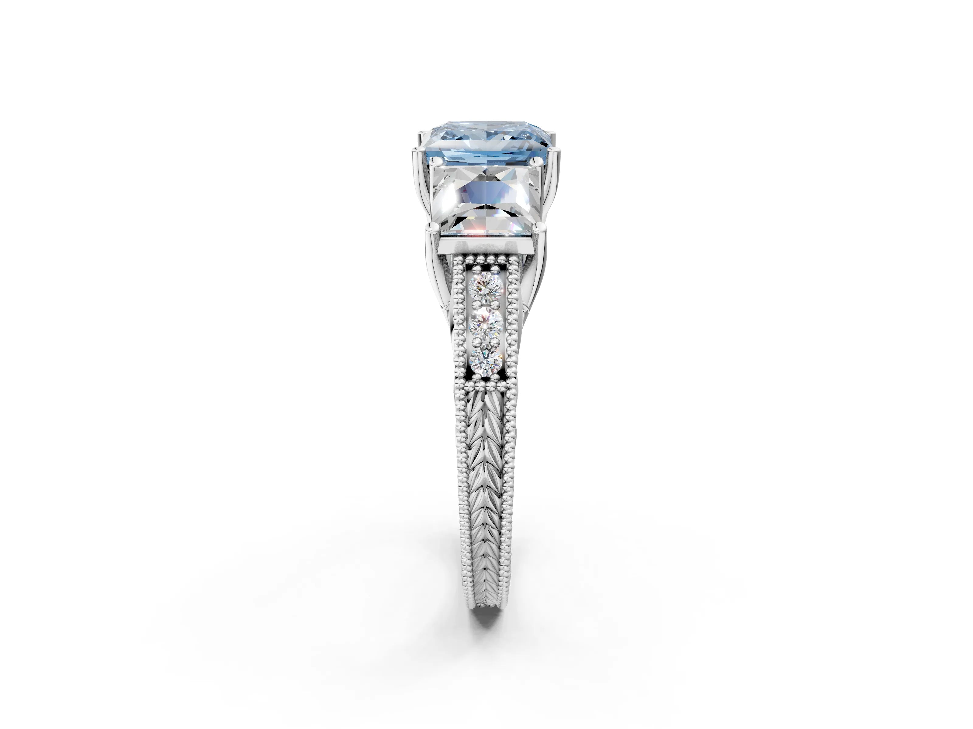 Platinum Three-Stone Fancy Blue Princess Cut Cut Milgrain Pavé Engagement Ring_26