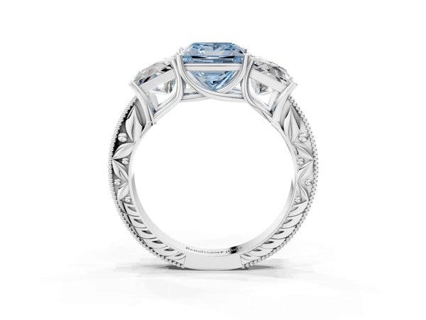 Platinum Princess Cut Engraved Three Stone Engagement Ring Setting for Fancy Blue Center